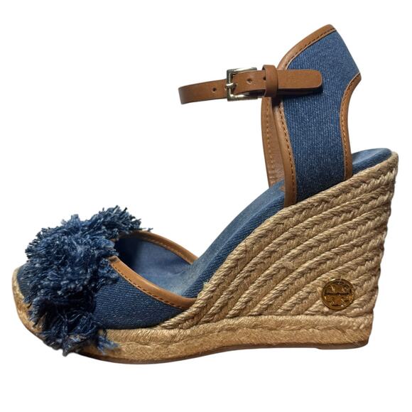 Tory Burch Women's 8 Shaw Blue Denim Royal Tan Espadrille Wedge Sandals N3874 - Picture 1 of 9